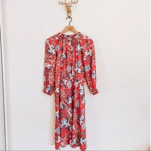 H&M Orange Coral Color Floral Print Long Sleeve Midi Dress Size 12